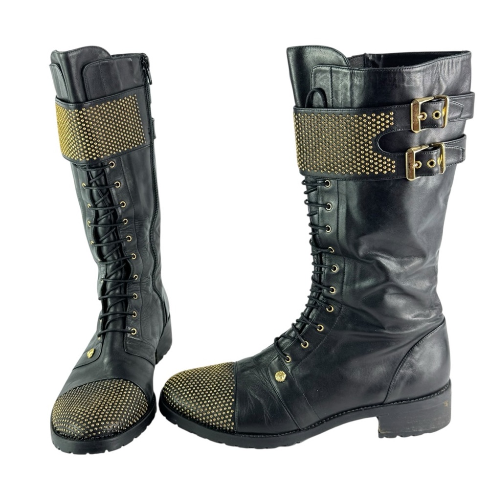VERSUS VERSACE Black Leather Studded Women's High Books Made in Spain 38 - 8